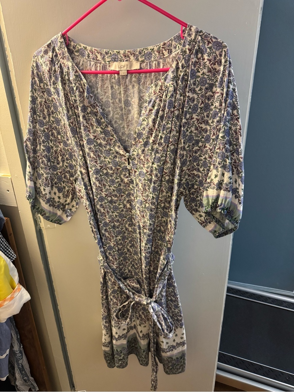 LOFT Blue Floral Linen V-Neck Tie-Waist Dress